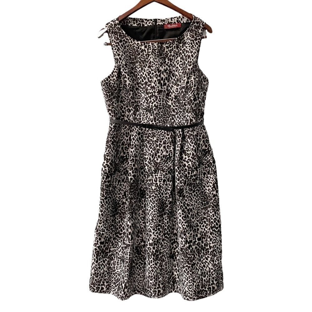 MaxMara Studio Sleeveless Animal Print A-Line Belted Dress Women's Size 8 Lined